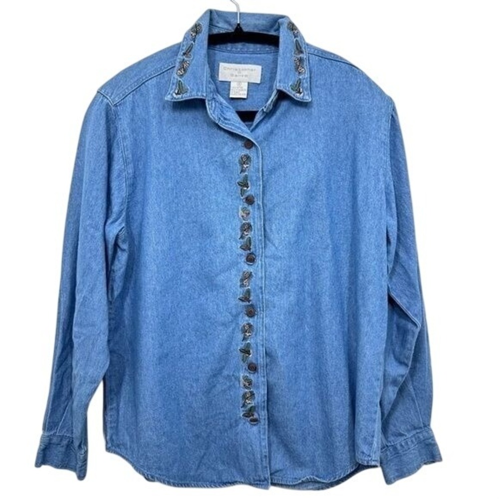 Vintage Christopher & Banks Denim Button Up Fall Leaf Embroidered Blouse Cottage